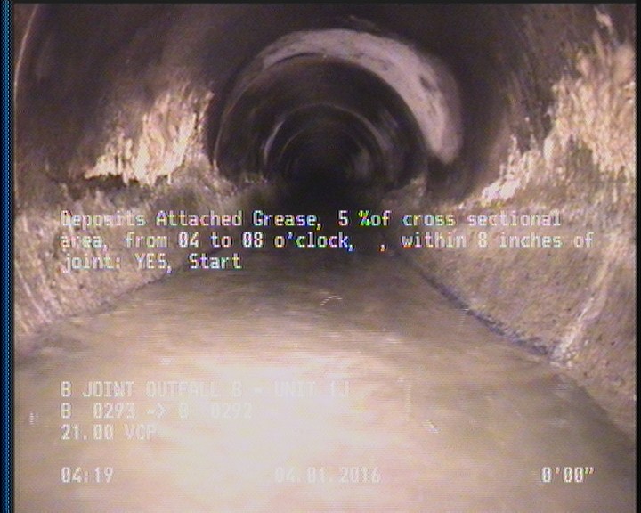 Deposits Attached Grease, 5 %of cross sectional area, from 04 to 08 o'clock, , within 8 inches of joint: YES, Start