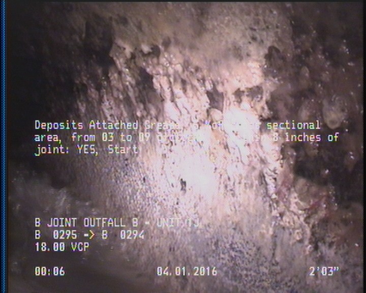 Deposits Attached Grease, 5 %of cross sectional area, from 03 to 09 o'clock, , within 8 inches of joint: YES, Start