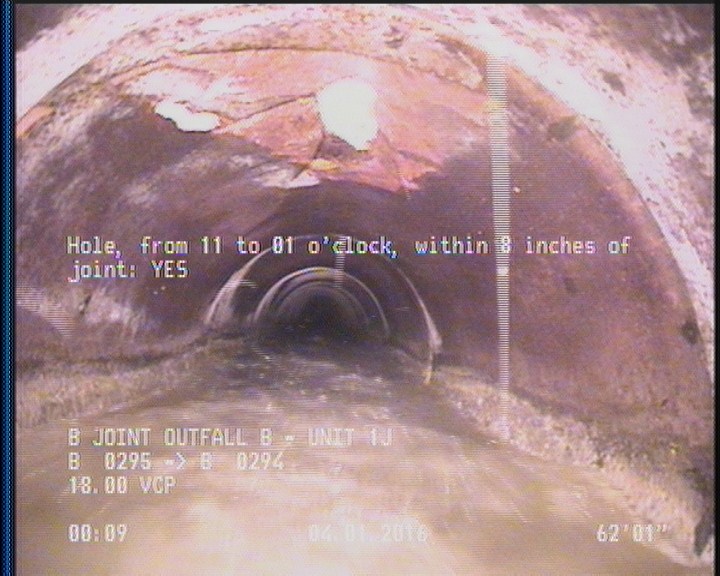 Hole, from 11 to 01 o'clock, within 8 inches of joint: YES - HOLE WITH REPAIR VISIBLE