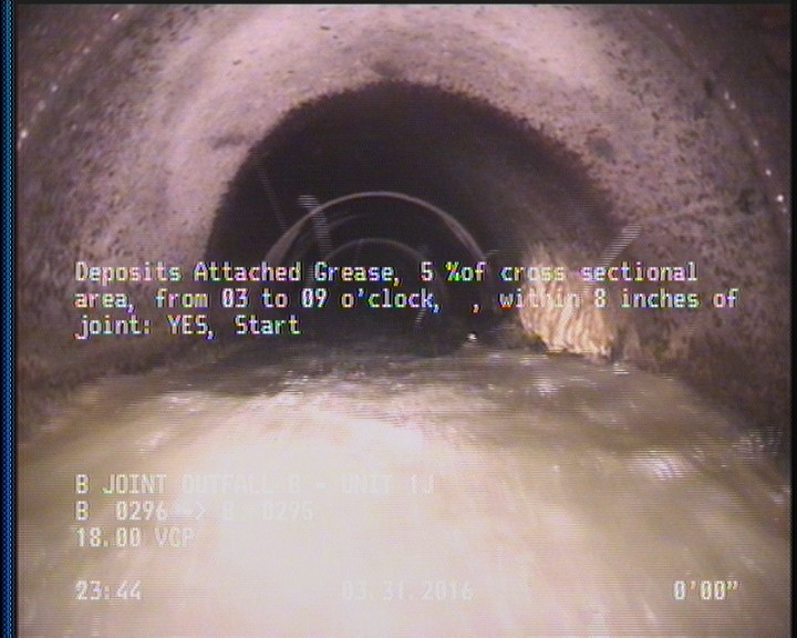 Deposits Attached Grease, 5 %of cross sectional area, from 03 to 09 o'clock, , within 8 inches of joint: YES, Start