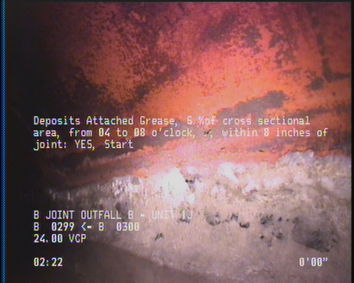 Deposits Attached Grease, 5 %of cross sectional area, from 04 to 08 o'clock, , within 8 inches of joint: YES, Start