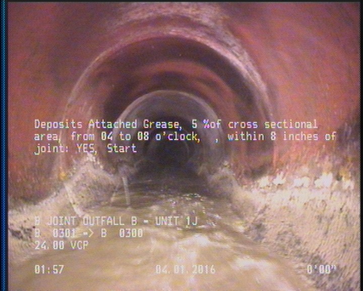Deposits Attached Grease, 5 %of cross sectional area, from 04 to 08 o'clock, , within 8 inches of joint: YES, Start