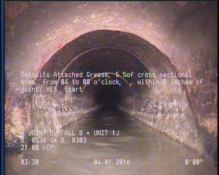 Deposits Attached Grease, 5 %of cross sectional area, from 04 to 08 o'clock, , within 8 inches of joint: YES, Start