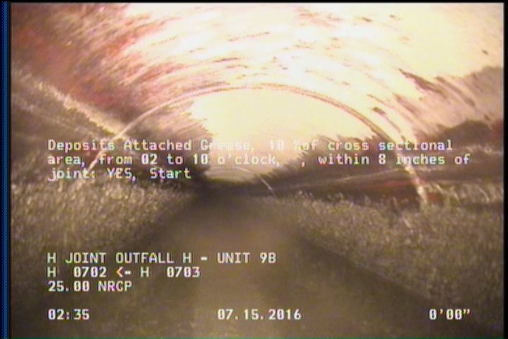 Deposits Attached Grease, 10 %of cross sectional area, from 02 to 10 o'clock, , within 8 inches of joint: YES, Start