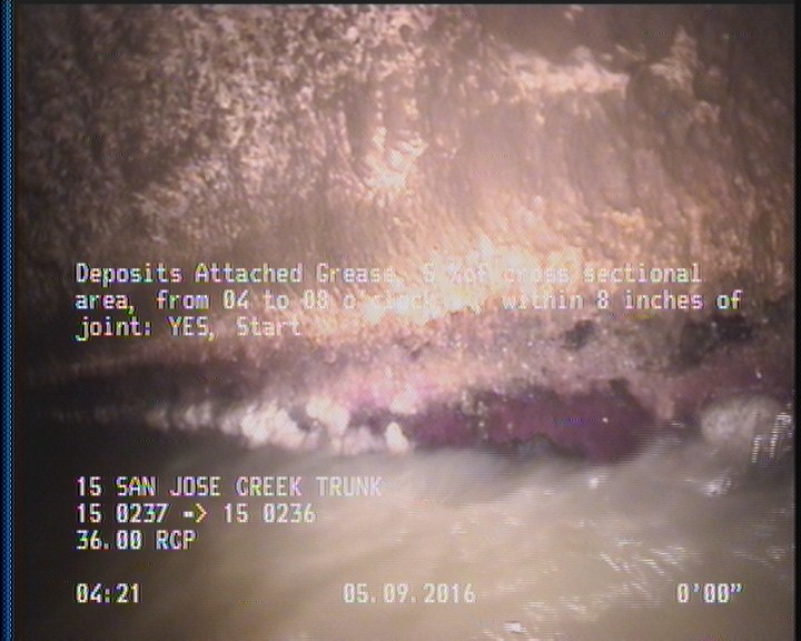 Deposits Attached Grease, 5 %of cross sectional area, from 04 to 08 o'clock, , within 8 inches of joint: YES, Start
