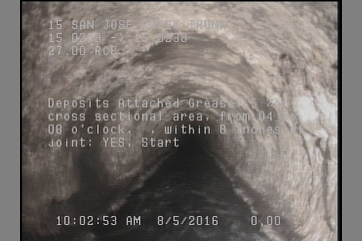 Deposits Attached Grease, 5 %of cross sectional area, from 04 to 08 o'clock, , within 8 inches of joint: YES, Start