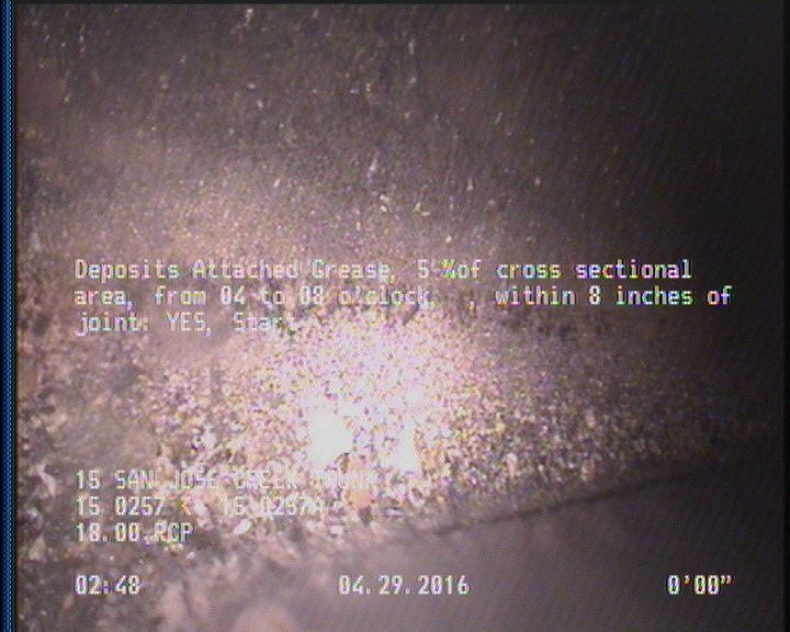 Deposits Attached Grease, 5 %of cross sectional area, from 04 to 08 o'clock, , within 8 inches of joint: YES, Start