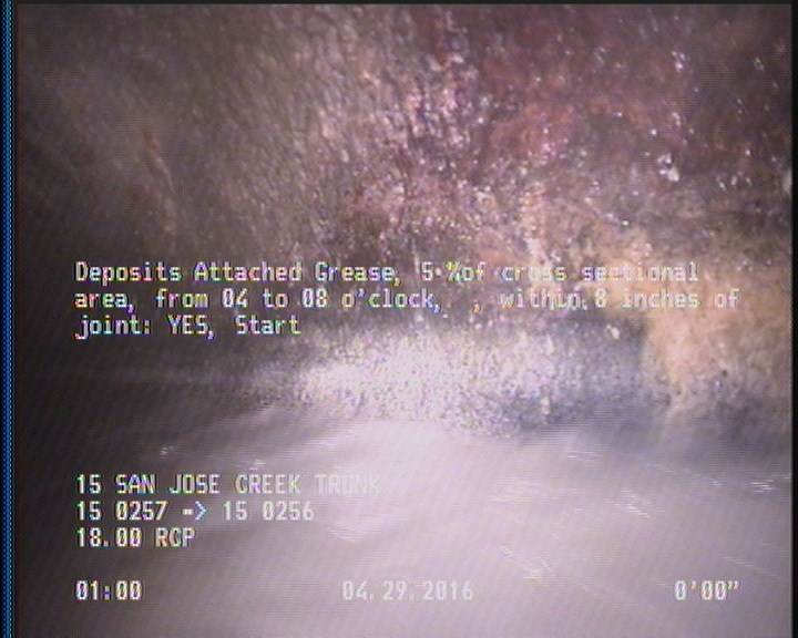 Deposits Attached Grease, 5 %of cross sectional area, from 04 to 08 o'clock, , within 8 inches of joint: YES, Start