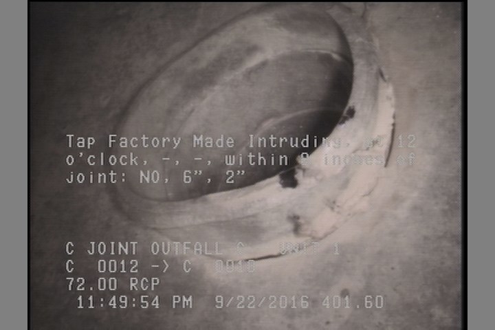 Tap Factory Made Intruding, at 12 o'clock, -, -, within 8 inches of joint: NO, 6", 2"