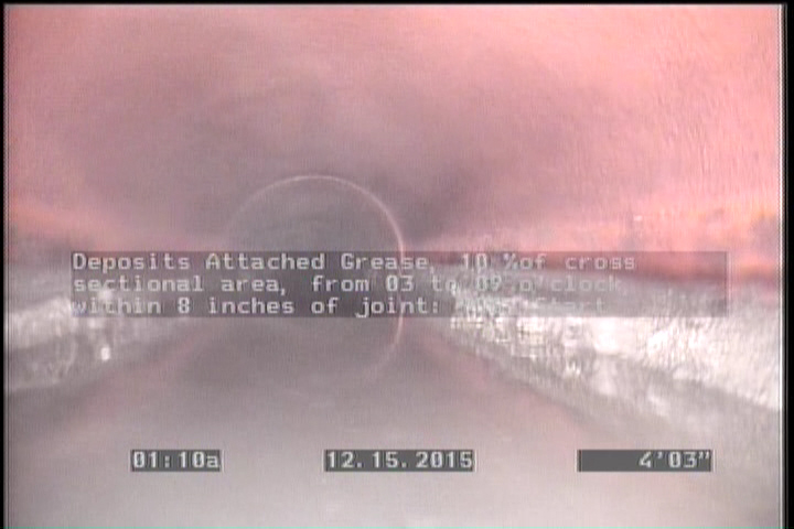 Deposits Attached Grease, 10 %of cross sectional area, from 03 to 09 o'clock, , within 8 inches of joint: YES, Start