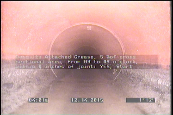 Deposits Attached Grease, 5 %of cross sectional area, from 03 to 09 o'clock, , within 8 inches of joint: YES, Start
