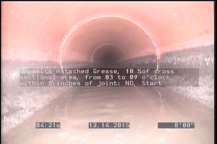 Deposits Attached Grease, 10 %of cross sectional area, from 03 to 09 o'clock, , within 8 inches of joint: NO, Start