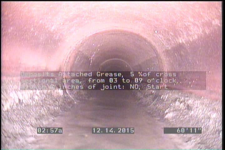Deposits Attached Grease, 5 %of cross sectional area, from 03 to 09 o'clock, , within 8 inches of joint: NO, Start
