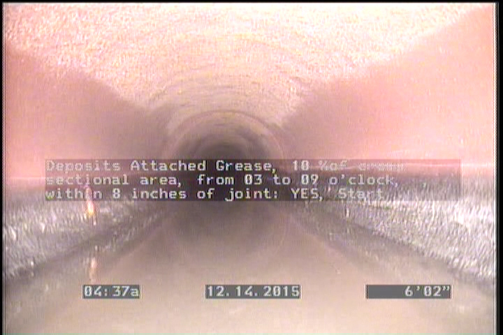 Deposits Attached Grease, 10 %of cross sectional area, from 03 to 09 o'clock, , within 8 inches of joint: YES, Start