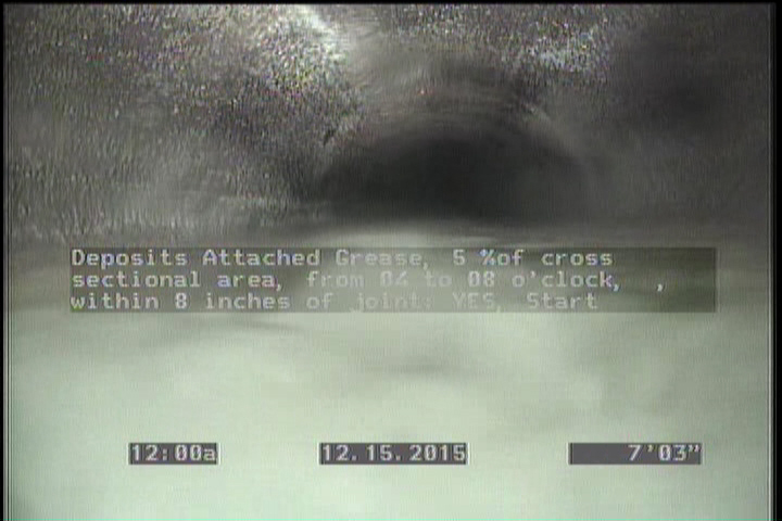Deposits Attached Grease, 5 %of cross sectional area, from 04 to 08 o'clock, , within 8 inches of joint: YES, Start