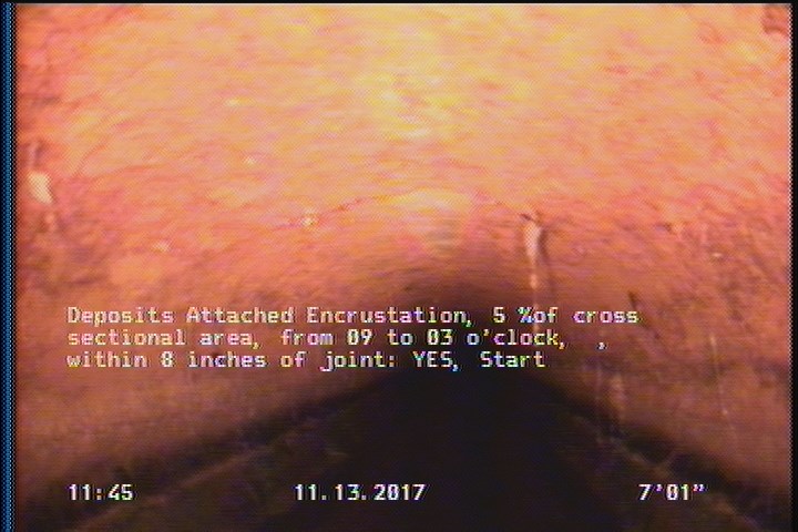 Deposits Attached Encrustation, 5 %of cross sectional area, from 09 to 03 o'clock, , within 8 inches of joint: YES, Start