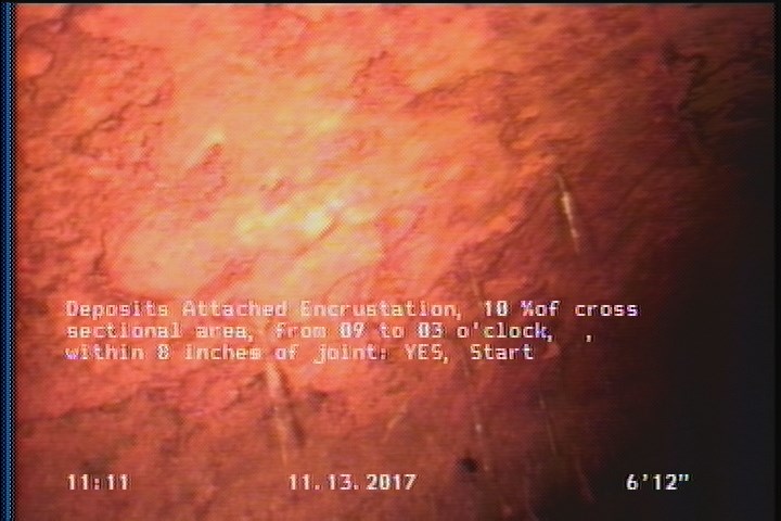 Deposits Attached Encrustation, 10 %of cross sectional area, from 09 to 03 o'clock, , within 8 inches of joint: YES, Start