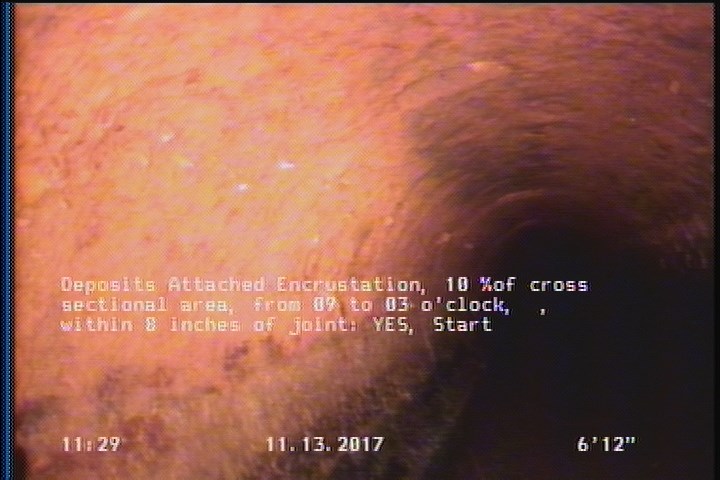 Deposits Attached Encrustation, 10 %of cross sectional area, from 09 to 03 o'clock, , within 8 inches of joint: YES, Start