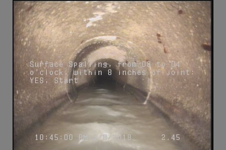 Surface Spalling, from 08 to 04 o'clock, within 8 inches of joint: YES, Start