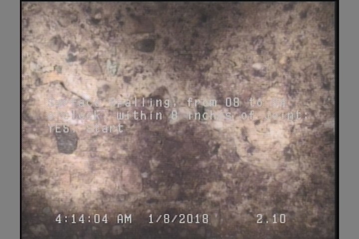 Surface Spalling, from 08 to 04 o'clock, within 8 inches of joint: YES, Start