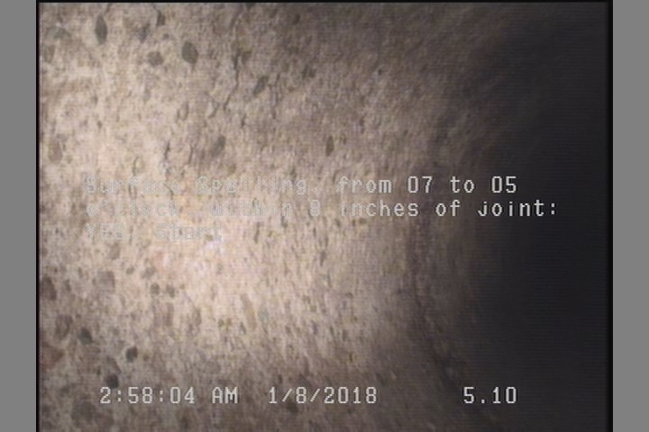 Surface Spalling, from 07 to 05 o'clock, within 8 inches of joint: YES, Start