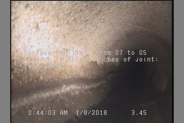 Surface Spalling, from 07 to 05 o'clock, within 8 inches of joint: YES, Start
