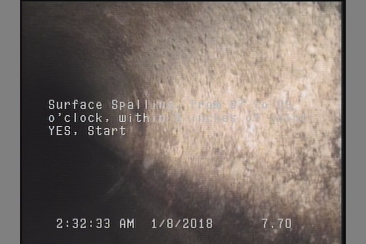 Surface Spalling, from 07 to 05 o'clock, within 8 inches of joint: YES, Start