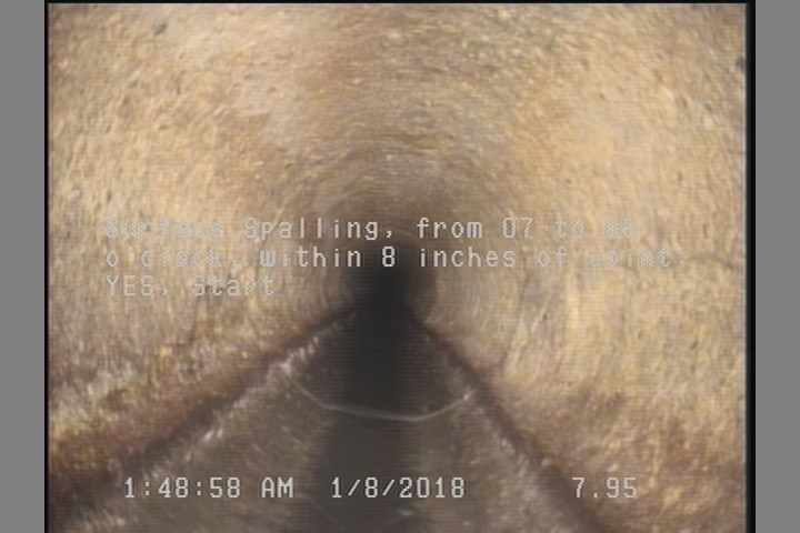 Surface Spalling, from 07 to 05 o'clock, within 8 inches of joint: YES, Start