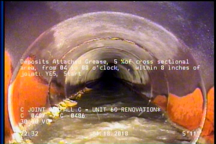 Deposits Attached Grease, 5 %of cross sectional area, from 04 to 08 o'clock, , within 8 inches of joint: YES, Start