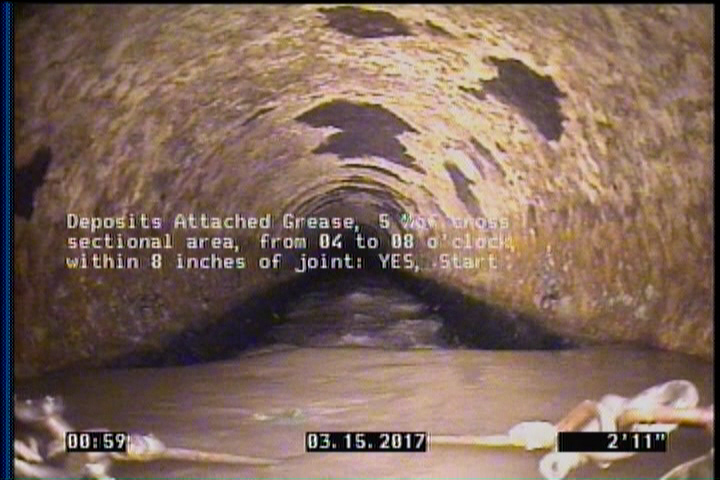 Deposits Attached Grease, 5 %of cross sectional area, from 04 to 08 o'clock, , within 8 inches of joint: YES, Start