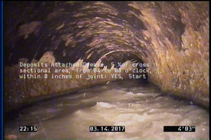 Deposits Attached Grease, 5 %of cross sectional area, from 04 to 08 o'clock, , within 8 inches of joint: YES, Start