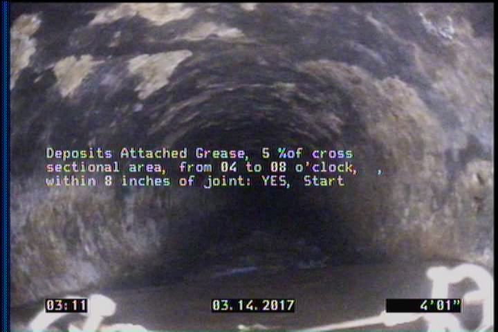 Deposits Attached Grease, 5 %of cross sectional area, from 04 to 08 o'clock, , within 8 inches of joint: YES, Start