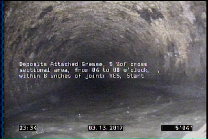 Deposits Attached Grease, 5 %of cross sectional area, from 04 to 08 o'clock, , within 8 inches of joint: YES, Start