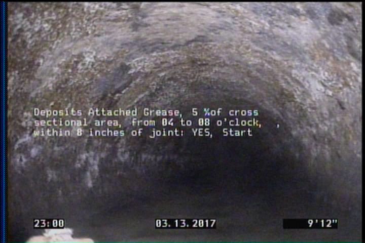 Deposits Attached Grease, 5 %of cross sectional area, from 04 to 08 o'clock, , within 8 inches of joint: YES, Start