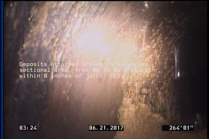 Deposits Attached Grease, 5 %of cross sectional area, from 08 to 04 o'clock, , within 8 inches of joint: YES
