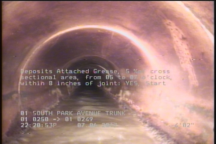 Deposits Attached Grease, 5 %of cross sectional area, from 05 to 07 o'clock, , within 8 inches of joint: YES, Start