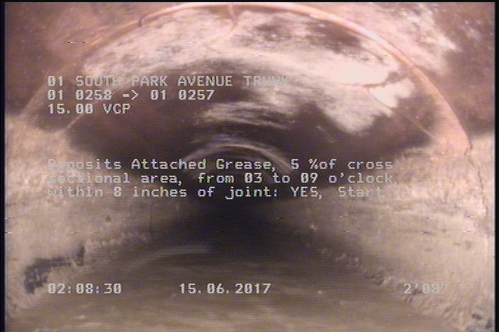 Deposits Attached Grease, 5 %of cross sectional area, from 03 to 09 o'clock, , within 8 inches of joint: YES, Start