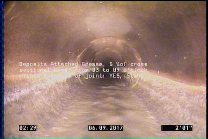 Deposits Attached Grease, 5 %of cross sectional area, from 03 to 09 o'clock, , within 8 inches of joint: YES, Start