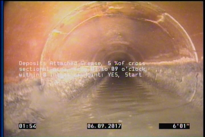 Deposits Attached Grease, 5 %of cross sectional area, from 03 to 09 o'clock, , within 8 inches of joint: YES, Start