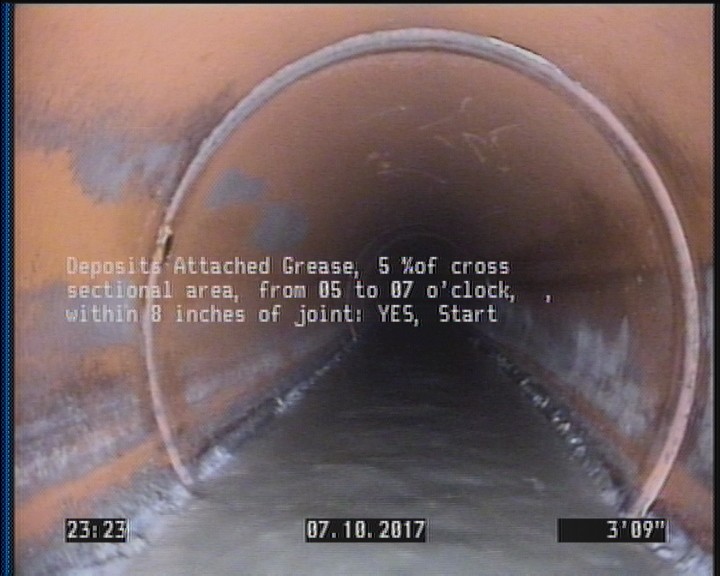 Deposits Attached Grease, 5 %of cross sectional area, from 05 to 07 o'clock, , within 8 inches of joint: YES, Start