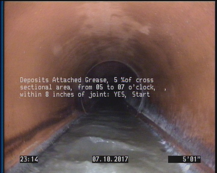Deposits Attached Grease, 5 %of cross sectional area, from 05 to 07 o'clock, , within 8 inches of joint: YES, Start