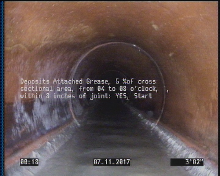 Deposits Attached Grease, 5 %of cross sectional area, from 04 to 08 o'clock, , within 8 inches of joint: YES, Start