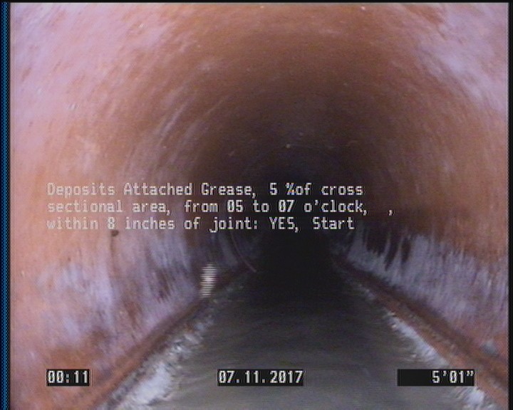 Deposits Attached Grease, 5 %of cross sectional area, from 05 to 07 o'clock, , within 8 inches of joint: YES, Start