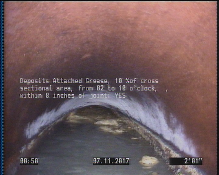 Deposits Attached Grease, 10 %of cross sectional area, from 02 to 10 o'clock, , within 8 inches of joint: YES