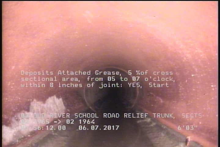 Deposits Attached Grease, 5 %of cross sectional area, from 05 to 07 o'clock, , within 8 inches of joint: YES, Start