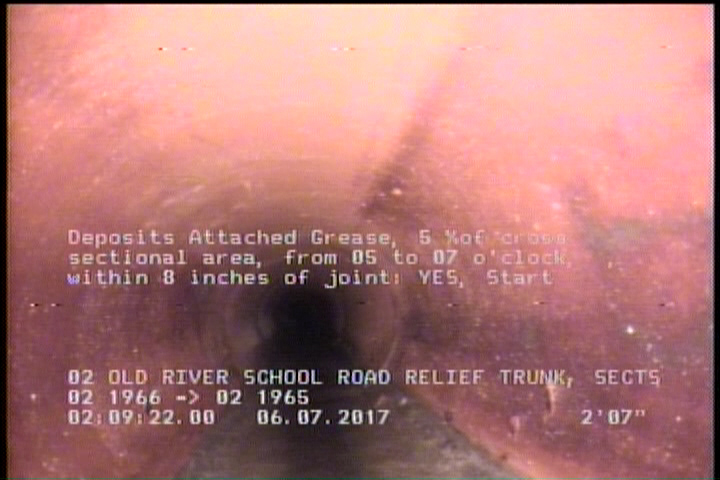 Deposits Attached Grease, 5 %of cross sectional area, from 05 to 07 o'clock, , within 8 inches of joint: YES, Start