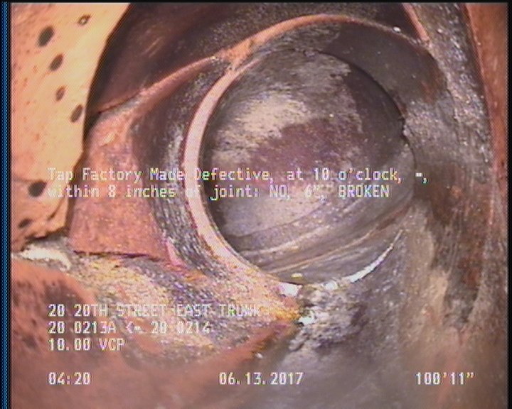 Tap Factory Made Defective, at 10 o'clock, -, within 8 inches of joint: NO, 6" - BROKEN