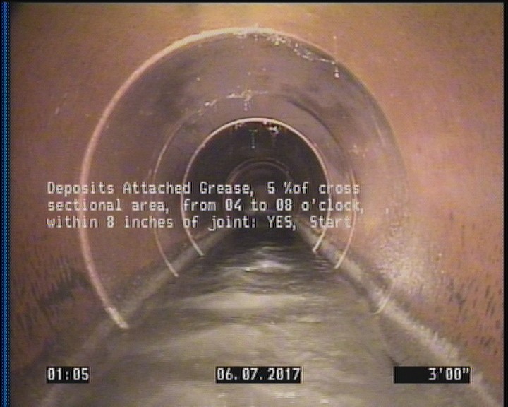 Deposits Attached Grease, 5 %of cross sectional area, from 04 to 08 o'clock, , within 8 inches of joint: YES, Start