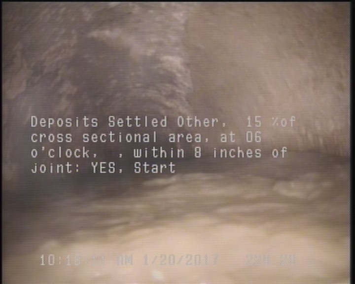 Deposits Settled Other, 15 %of cross sectional area, at 06 o'clock, , within 8 inches of joint: YES, Start