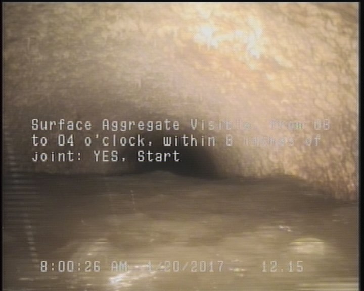 Surface Aggregate Visible, from 08 to 04 o'clock, within 8 inches of joint: YES, Start
